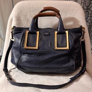 Chloe Navy Blue Leather Ethel satchel Bag with Gold accents